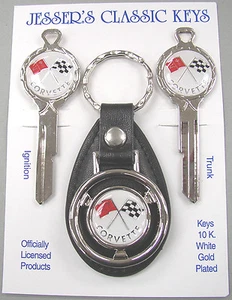 Corvette White Crossed Flags B-10 White Gold Deluxe Classic Key Set 1953-1966 - Picture 1 of 6