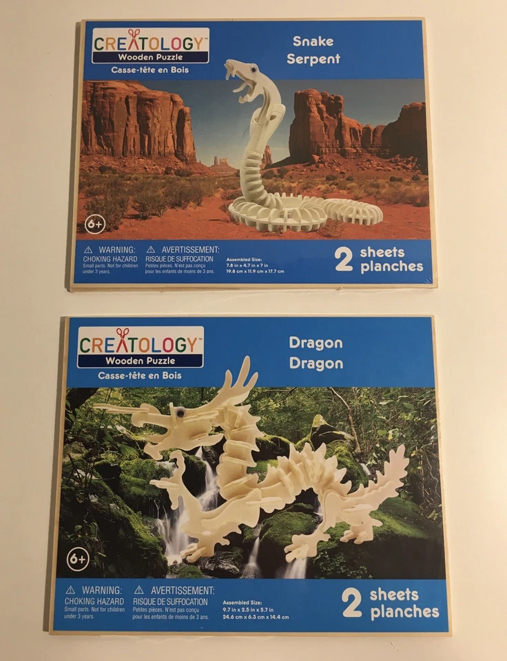 Creatología Serpiente Serpiente y Dragón Volador Rompecabezas de Madera Lote de 2 - NUEVO Foto 1 de 4