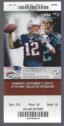 PEYTON MANNING vs TOM BRADY - 2012 NFL BRONCOS @ PATRIOTS FULL FOOTBALL TICKET Cover