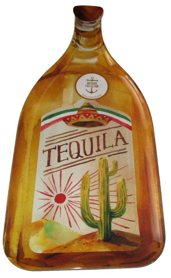 Melamine Bottle Shape Tequila Serving Tray / Platter 20" x 8.75"~Gold W/ Cactus - Image 1 of 1