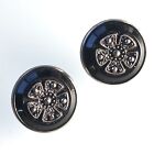 x2 Vintage 3/4" Black Buttons with Silver Clover Highlights 