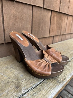 vintage miu miu Brown leather wood mules clogs heels 37.5 Italy US 7.5 - Image 1 of 4