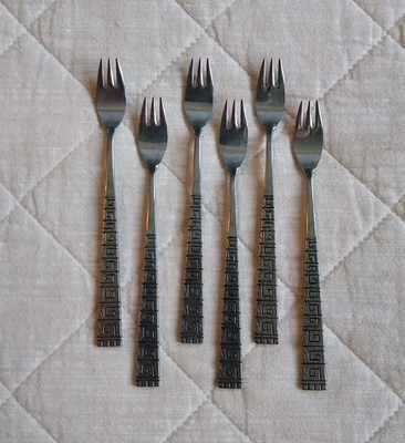 Stylecraft cocktail forks Stainless Japan SYF7 Greek Key Pattern fork Lot of 6 - Image 1 of 4