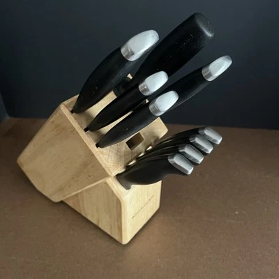 KITCHENAID刀块套装黑色不锈钢手柄厨房餐具9件木质底座 — 第 1/4 张图片