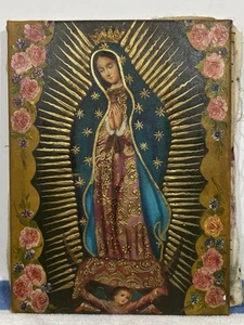 Vintage Our Lady Guadalupe Peruvian Oil Painting Religious Icon - Picture 1 of 3