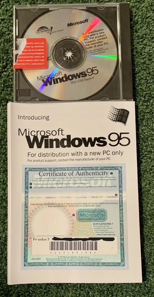 CD Microsoft Windows 95 con muestreador de juegos y código de producto manual certificado de autenticidad Foto 1 de 1