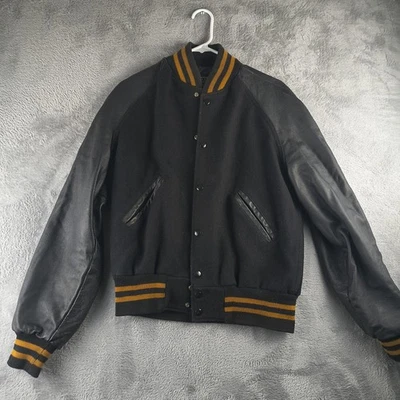 Винтажный Holloway Varsity куртка шерсти кожи черный желтый мужской размер маленький - Изображение 1 из 4