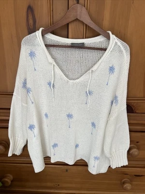 Suéter Tejido Madera Barcos Crema Palmera Bordado Cuello en V Playa Costera S/M Foto 1 de 4