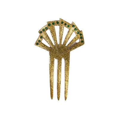 Старинный волос расческа золото мантилья целлулоид люцит блестящий с изумруд стразы - Изображение 1 из 4