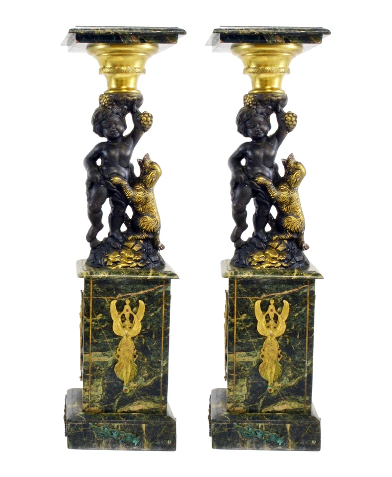 Pair of French Ormolu-Mounted Green Marble Pedestals with Cherub & Dog Figures - Image 1 of 4
