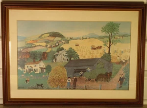 Vintage In Harvest Time Grandma Moses Folk Art Print Matted Framed - Picture 1 of 6