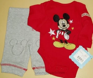 Mickey Mouse Outfit 2 pc Set Thermal Baby Boys Bodysuit Pants NB - Picture 1 of 4