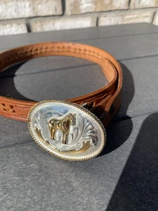 Childrens Western Cowboy Horse Belt Buckle with Genuine Leather Belt Alpaca - Picture 1 of 8