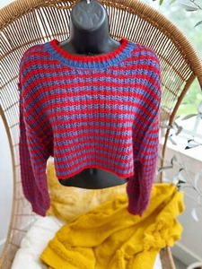 Zara Wool Alpaca Blend Red Blue Striped Cropped Long Sleeves Knit Sweater NWT - Picture 1 of 10