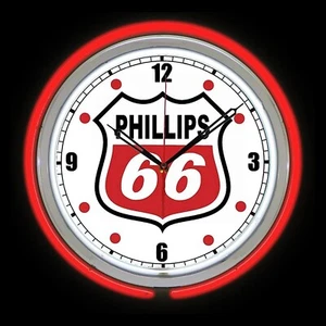 15" Phillips 66 Gas Oil Sign Red Double Neon Clock Garage Man Cave - Picture 1 of 2