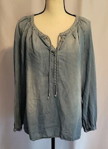 Womens Chambray Denim Tunic Top Long Sleeve Embroidered Boho Cowgirl M Medium - Picture 1 of 9