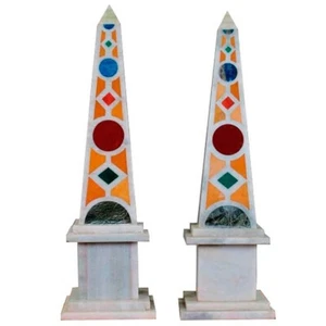 Juego de 2 Piezas Obelisco Blanco con Marquetería Arte Decoración Obelisco para Jardín 18" - Imagen 1 de 3