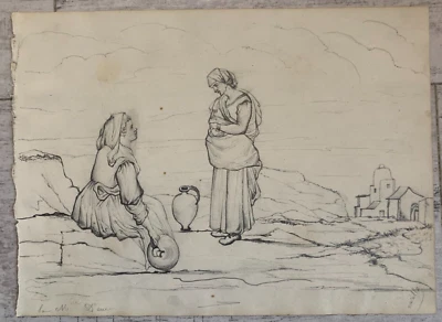 Crayon D'ap MURILLO Scène de Genre Porteuse d'eau Cruches Femme Village Campagne - Photo 1/4