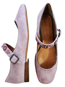 COACH Pink Suede Mary Jane Heels Sz 5.5 Women's Leather Floral Tea Rose - Picture 1 of 16