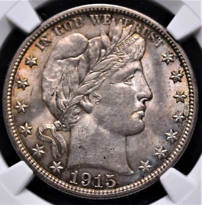 1915 D BARBER HALF DOLLAR NGC MS 63 NICE SILVERY MINT BLOOM WITH SOME AMBER ROSE - Picture 1 of 3