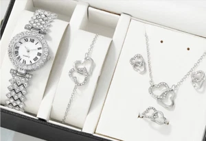6pc Fashion Quartz Watch with Heart Jewelry Set for Women Rhinestone Watch Set - Picture 1 of 4