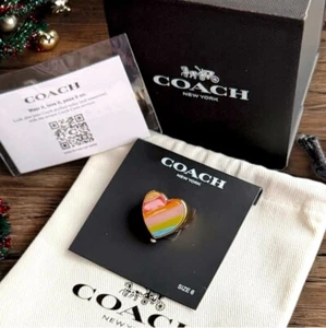 NWT Coach Striped Heart Ring Sz 6 Rainbow Resin and Gold + Box & Dust Bag Chunky - Picture 1 of 14