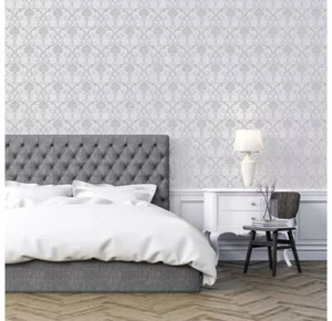 Self Adhesive Artstick Metallic Grey Silver Damask Peel and Stick Wallpaper. - Picture 1 of 4