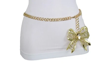 Fun Women Hip High Waist Belt Gold Metal Chain Gift Bow Tie Ribbon Buckle M L XL - Изображение 1 из 4