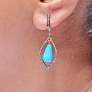 Turquoise Gemstone 14K Gold Earrings 0.62Ct Diamond Pave 925 Silver Fine Jewelry - Picture 1 of 3
