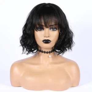 Short Wavy Bob Cut Lace Front Wig With Bangs Brazilian Remy Human Hair Glueless - Picture 1 of 8