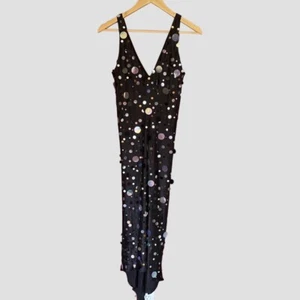 Abito Sheri Bodell vintage nero seta alto-basso slip on con paillettes US4 - Foto 1 di 5