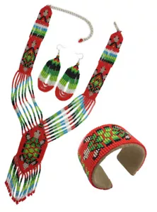 NEW HANDMADE RED GREEN NECKLACE EARRINGS BRACELET SET TURTLE - Picture 1 of 3