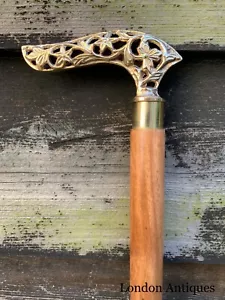 Curved Handle Antique Brass Carved Folding Walking Stick – Dismantles Into Three - Picture 1 of 12