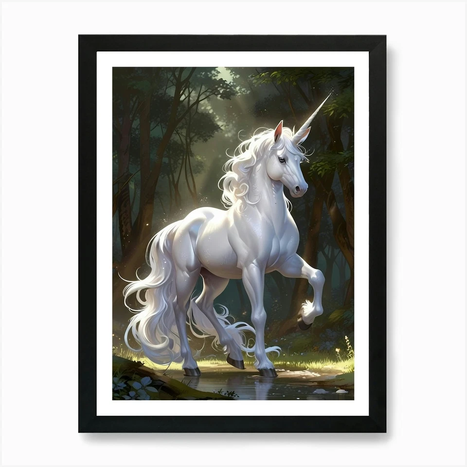 Unicorn In The Forest Art Print Framed Wall Art Poster Canvas Print Picture - Image 1 of 1