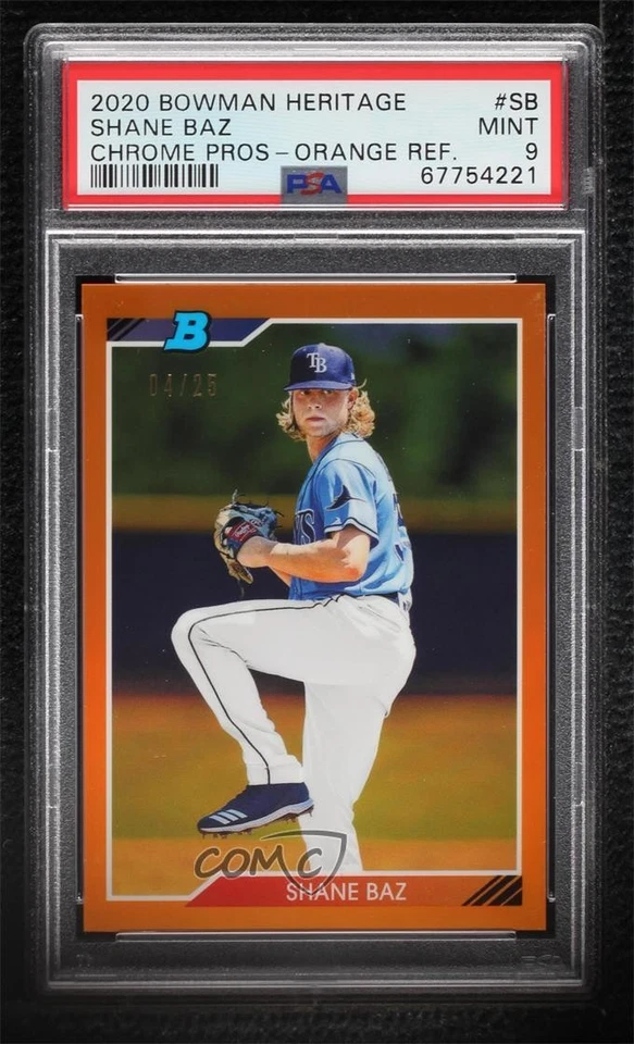 2020 Bowman Heritage Chrome Prospects Orange Refractor /25 Shane Baz PSA 9 MINT - Image 1 of 2