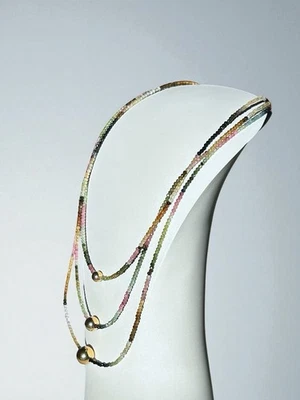 Collar de 3 hilos de turmalina de sandía facetada sólida de 14 k con cuentas múltiples Foto 1 de 4