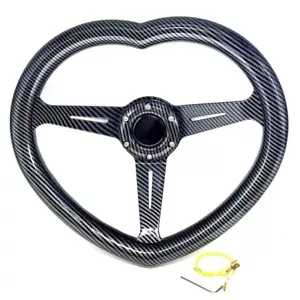 Universal JDM Heart Shaped Steering Wheel ABS Black Carbon Fiber Style - Picture 1 of 9