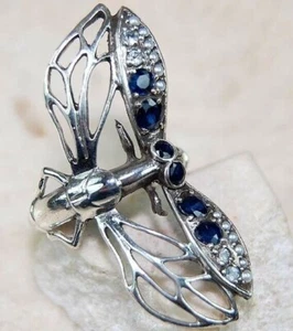 Dragonfly 2CT Treated Sapphire 925 Sterling Silver Vintage Art Ring Sz 6 F3-1 - Picture 1 of 3