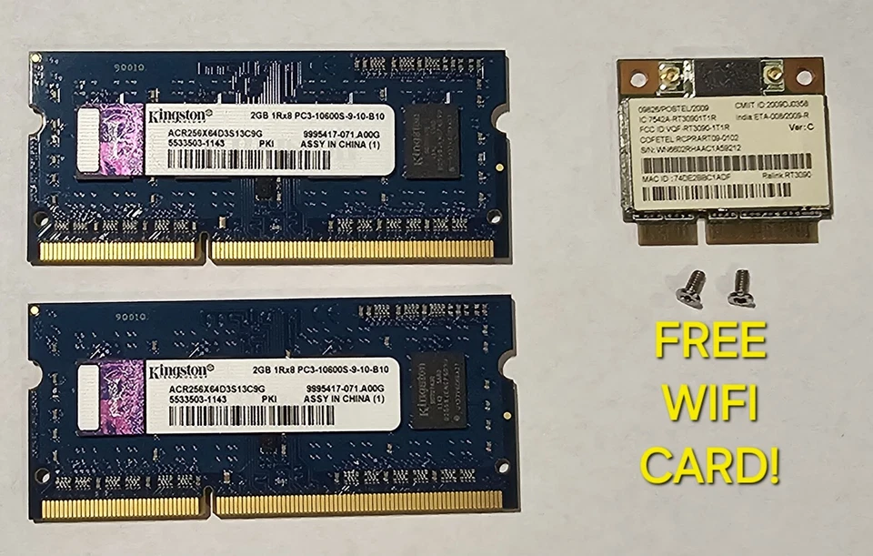 Kingston 4gb 2x2gb PC 3-10600S DDR3 Laptop Memory Ram FREE WIFI Card! - Image 1 of 4