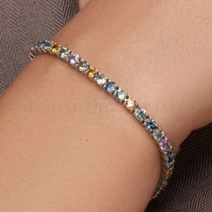 14k White Gold Tennis Bracelet Multi Color Sapphire Gemstone Jewelry for Women - Picture 1 of 9