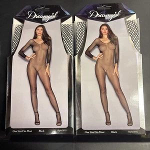 2- Long Sleeved Fishnet Bodystocking With Open Crotch -one Size Fits Most - Picture 1 of 2