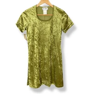 Vintage 90s T-Shirt Dress Crushed Velvet Velour Juniors Green Medium Deadstock - Picture 1 of 10