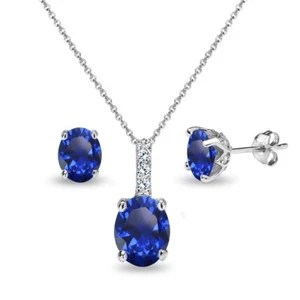 Oval kreierte blaue Saphir & weiße Topas Halskette & Ohrringe Set in 925 Silber - Bild 1 von 4