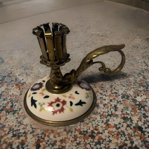 Vintage Brass and Porcelain Chamber Candle Holder Hand Painted Unique - Picture 1 of 7