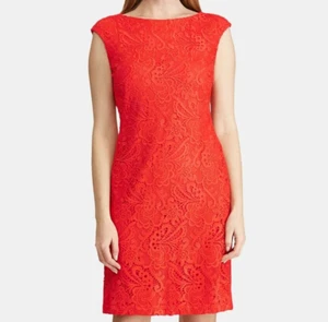 Lauren Ralph Lauren Petite Lace Cap-Sleeve Dress Summer Poppy 14P - Picture 1 of 1