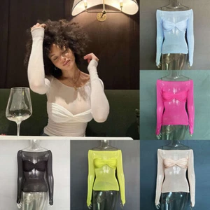Fashion Top Sexy top Women's Clothes See-through off-Neck Lightweight - Picture 1 of 16