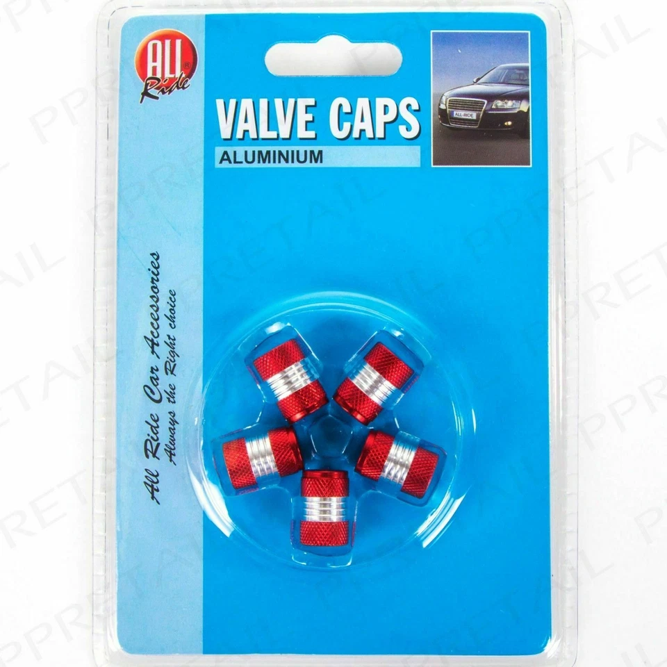 ALL RIDE 5pc RED & SILVER CHROME VALVE DUST TYRE WHEEL CAPS  UNIVERSAL ORIGINAL - Image 1 of 1