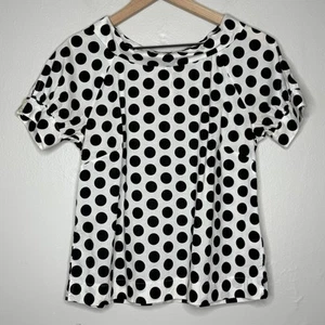 Ann Taylor Factory Blouse XS Black Polka Dot White Lyocell Office Minimalist - Picture 1 of 9