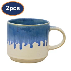 Kaffeebecher Reaktivglasur zweifarbig blau creme 400ml Steingut Teetassen 2 Stück - Bild 1 von 3