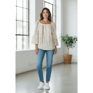 Apt 9 Womens XL Off Shoulder Tunic Top Boho Bell Sleeve Pom Pom Beige Brown - Picture 1 of 4